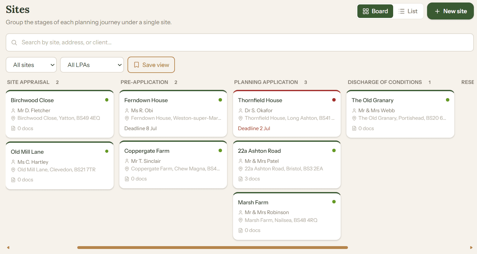 PlanProve pipeline kanban board showing sites organised by planning stage