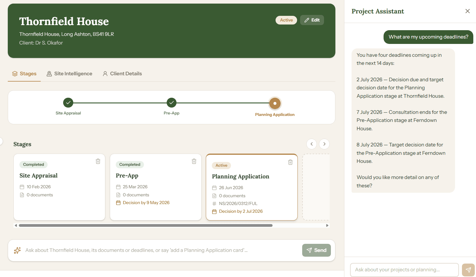 PlanProve AI assistant answering questions about a planning site