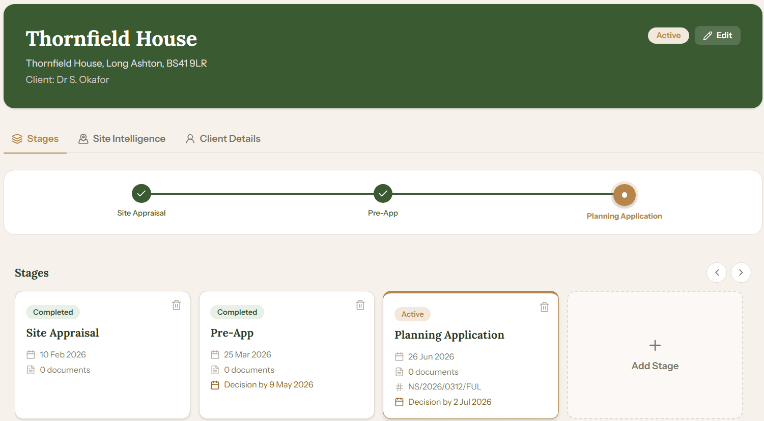 PlanProve site workspace showing planning stages, milestones and progress